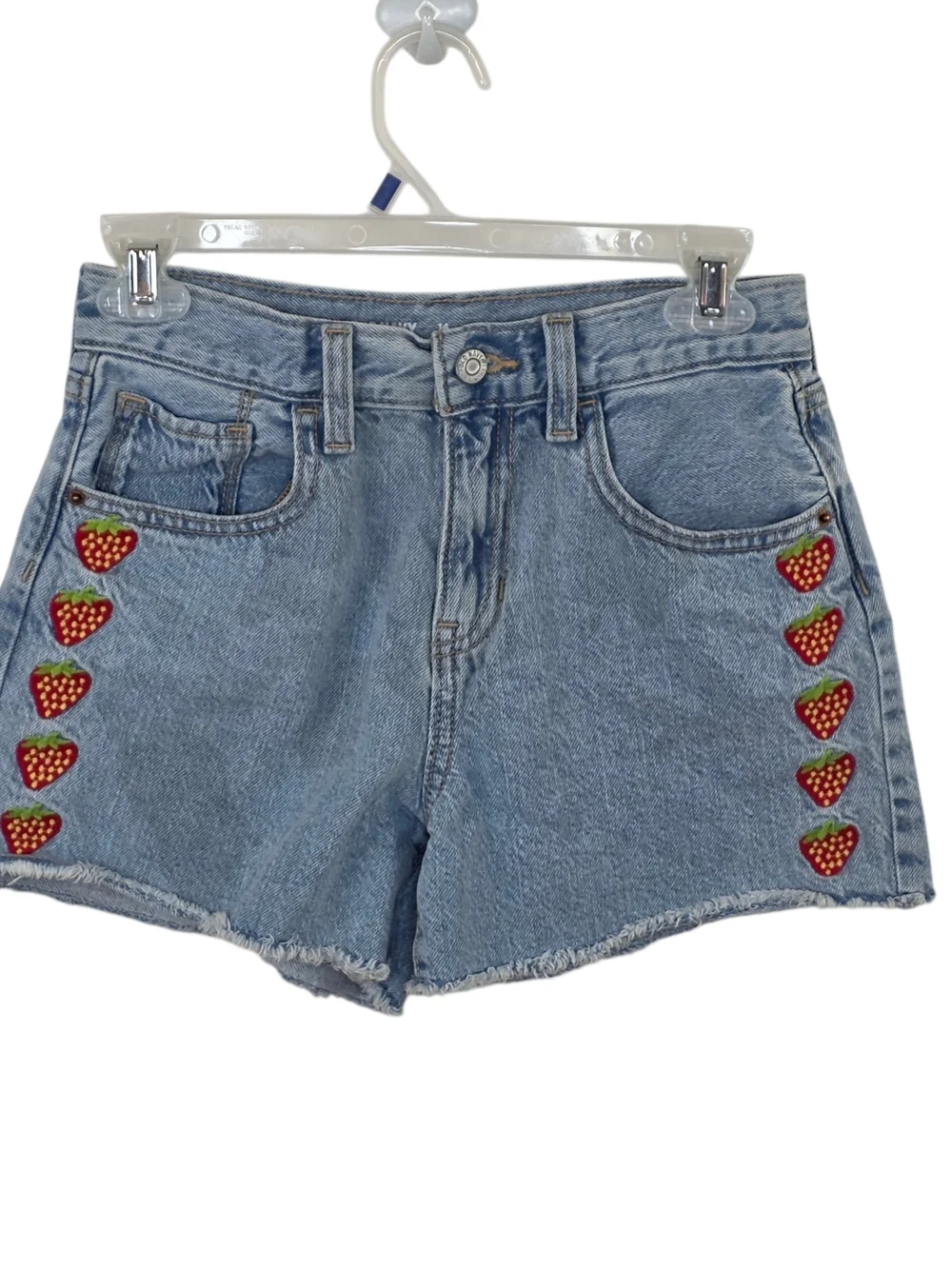 Old Navy Denim Strawberry Embroidered High-Rise Girls Shorts Light Blue 14